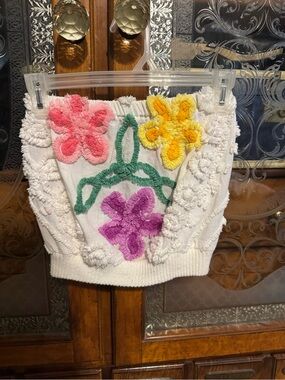 White Floral Chenille Crop Top with Colorful Flowers